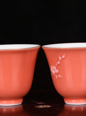 宋胭脂红色玛瑙釉堆雪汝窑本色真金折枝梅纹酒杯茶杯