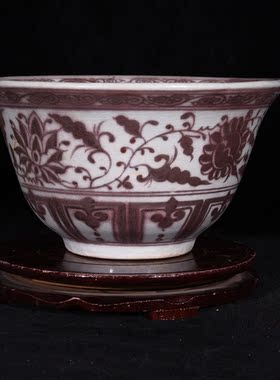 元末明初朱元璋洪武釉里红缠枝花灵石蕉叶纹供碗孔明碗