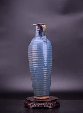 宋金蓝釉红斑窑变钧窑弦纹酒壶茶壶