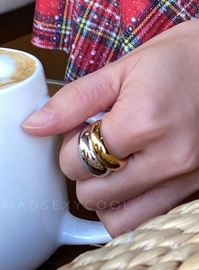 欧美ins复古双色金属指环戒指女款铜镀金钛钢女指环光滑小众饰品