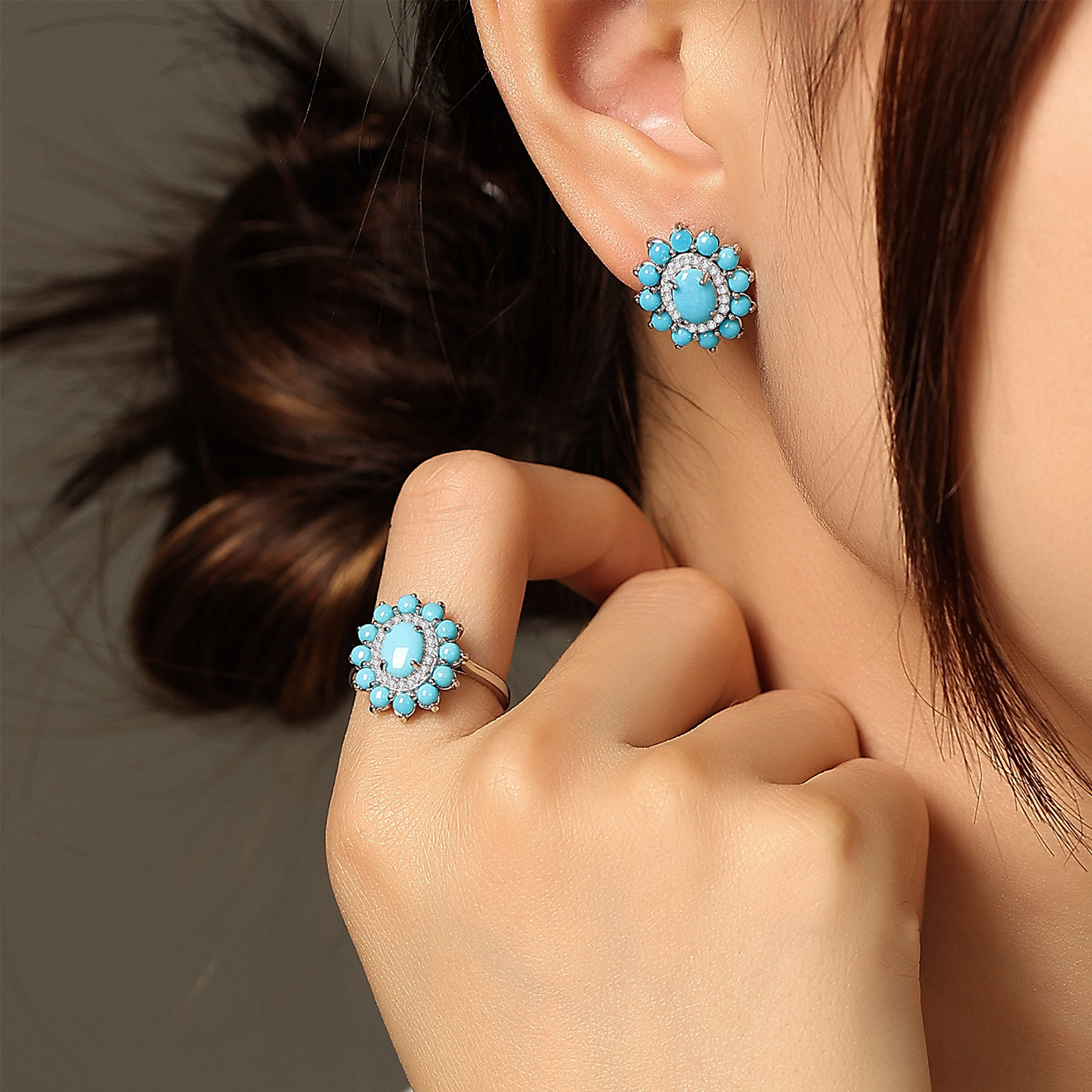 Natural Turquoise Sunflower Sterling Silver Adjustable Women's Ring