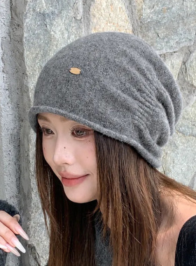 韩系宽松氛围感堆堆帽女秋冬季大头围显脸小毛线帽百搭保暖针织帽