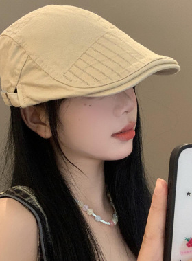 复古棕色反戴前进帽女秋季百搭日系贝雷帽大头围画家帽显脸小帽子