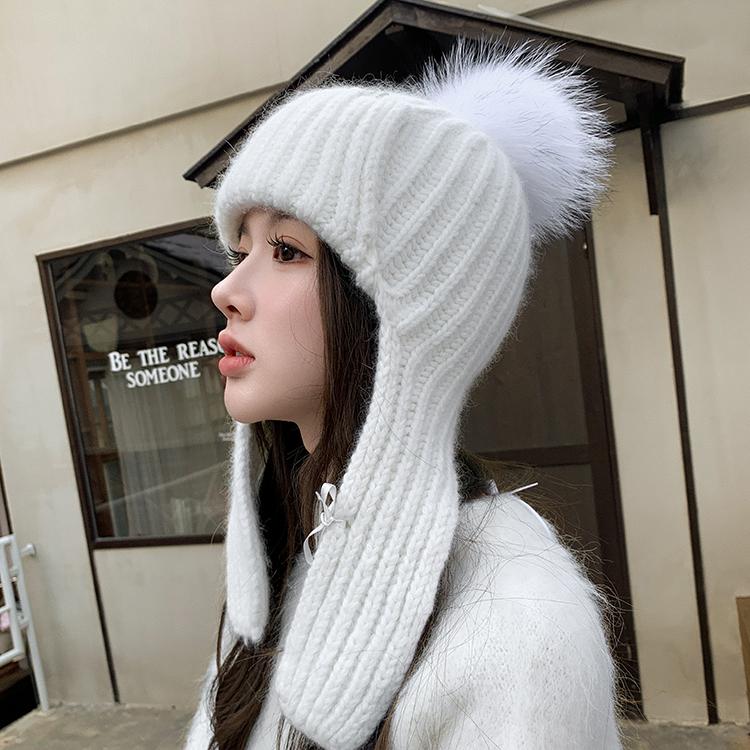 新品兔绒混纺针织飞行帽狐狸毛大球冬季女帽雷锋帽护耳帽粉系 - 图1