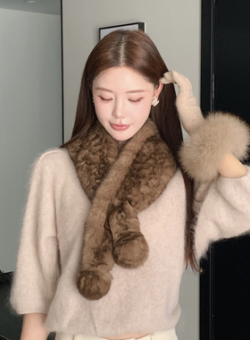 兔毛皮草三角巾双面真毛柔软复古保暖冬小披肩围巾女加厚球球