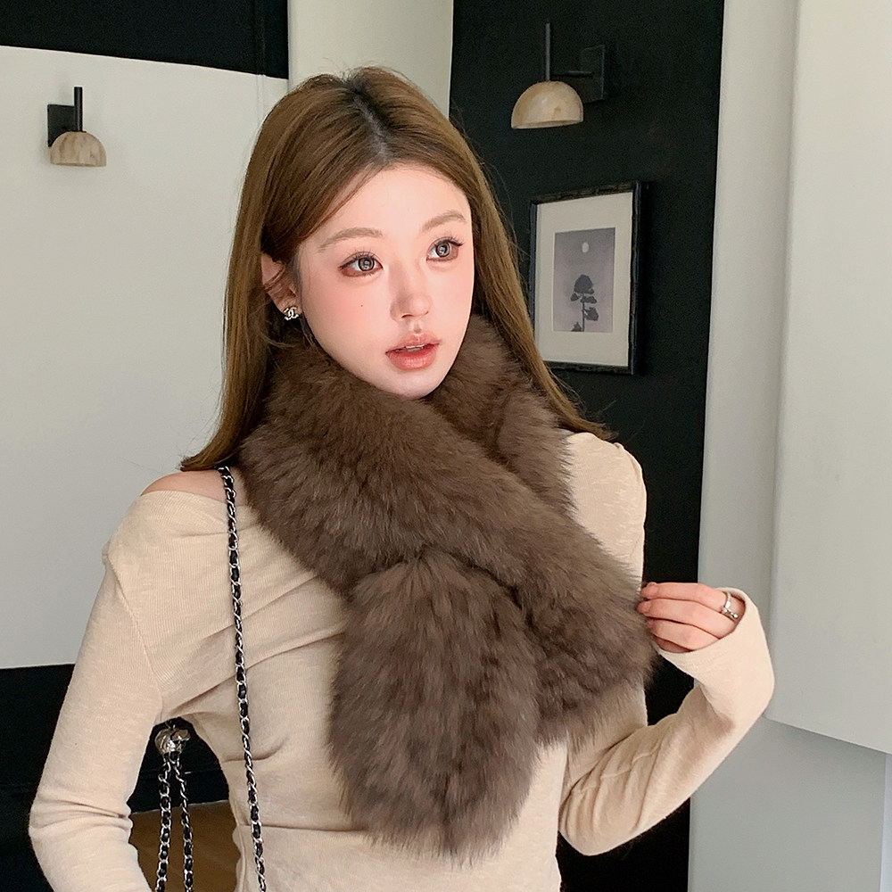 双面编织狐狸毛围巾冬季保暖时尚百搭真毛围脖皮草长款加厚紫貂色