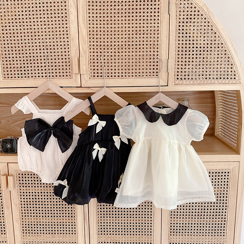 婴儿衣服夏装女宝宝套装短袖蝴蝶结上衣裙 短裤两件套棉质可爱超 - 图0