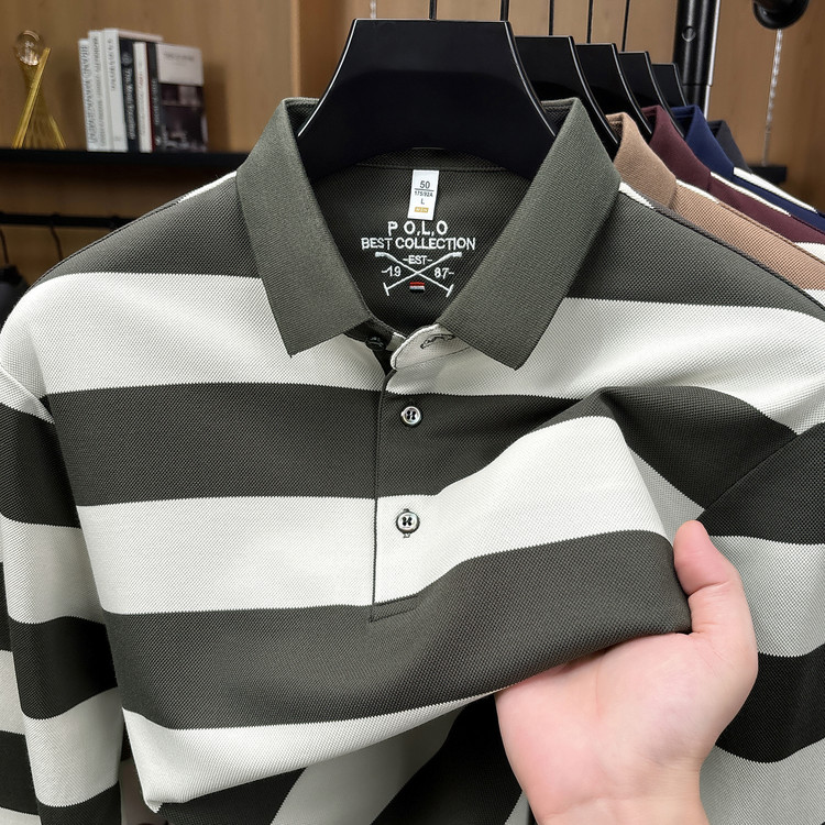 Hengyuanxiang men's long-sleeved cotton T-shirt autumn new casual loose striped POLO shirt for middle-aged and elderly dads