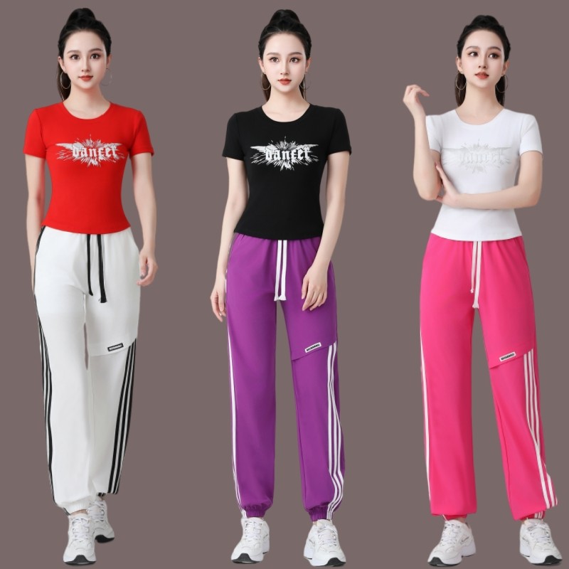 2025夏季新款广场舞服装短袖上衣棉跑步健身服跳操舞蹈服装修身女 - 图0