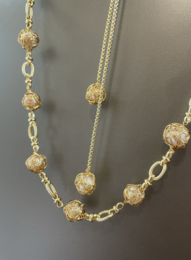 天然珍珠项链毛衣链小众精致手工金丝缠绕珍珠工艺颈链新款毛衣链