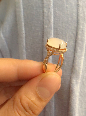 白玉髓粉晶半宝石装饰复古风戒指