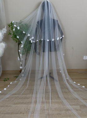 森系小花钉珠双层头纱新娘结婚婚纱摄影旅拍造型写真外景仙气造型