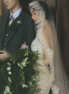 重手工珠绣蕾丝高透韩国纱头纱新娘主婚纱森系造型宫廷婚纱摄影硬