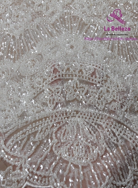 白色超重工串珠花边蕾丝布料 婚纱礼服面料 高端服装亮片面料