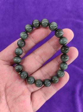 和田碧玉手串冰底黑猫眼10毫米20颗圆珠手串无裂无黑质地干净细腻
