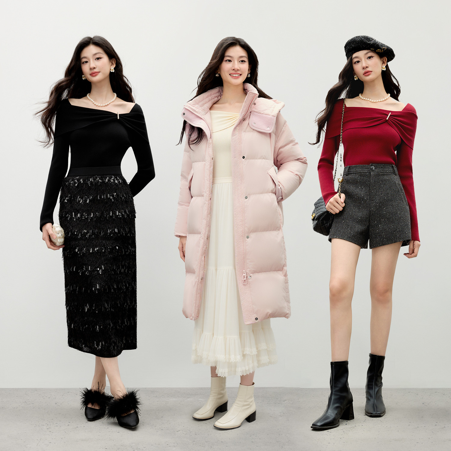 秋水伊人蝴蝶结一字肩红色针织衫女2025冬季新款时尚气质甜美上衣,淘宝优惠券,粉丝福利购,淘宝优惠卷