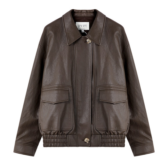 秋水伊人百搭翻领皮衣外套女2025秋冬新款咖色气质设计感皮夹克