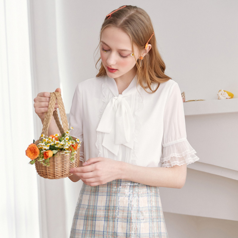 秋水伊人白色雪纺气质洋气夏季衬衫 秋水伊人衬衫