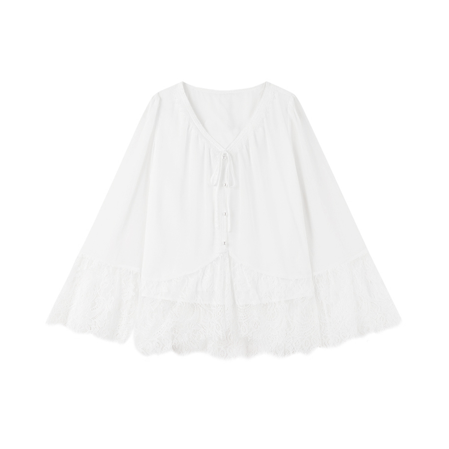 秋水伊人千金风优雅V领上衣2026年春季新款女百搭蕾丝拼接雪纺衫,淘宝优惠券,粉丝福利购,淘宝优惠卷