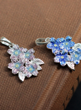 手工烧制勿忘我花丛吊坠纯银