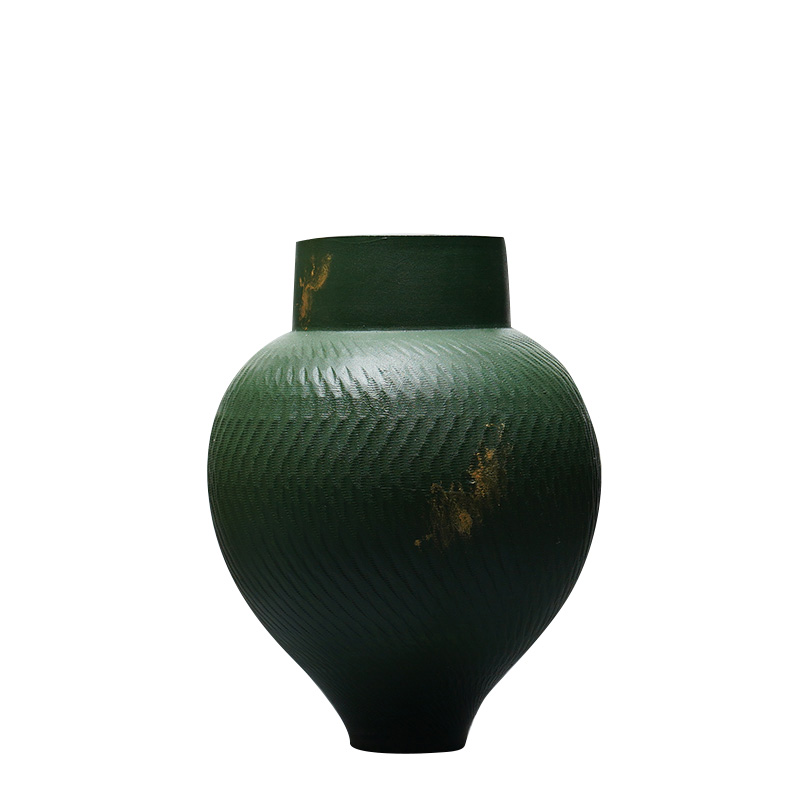 新中式创意复古鳞纹绿色陶瓷花瓶摆件样板间桌面插花花器软装饰品-图2