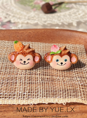 YUELX原创手工黏土开口戒指十二生肖小猴子可爱生日礼物菠萝桃子