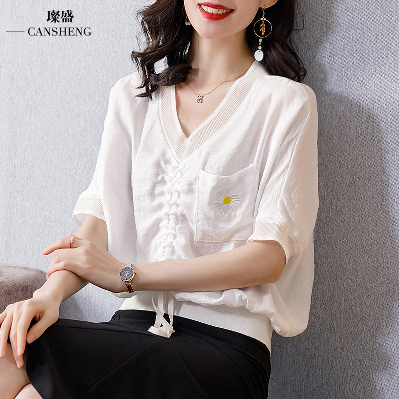 大码雪纺衫胖mm遮肚韩版抽绳小衫衣 璨盛蕾丝衫/雪纺衫