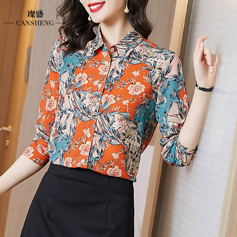 欧货印花女复古撞色雪纺气质衬衫 璨盛衬衫