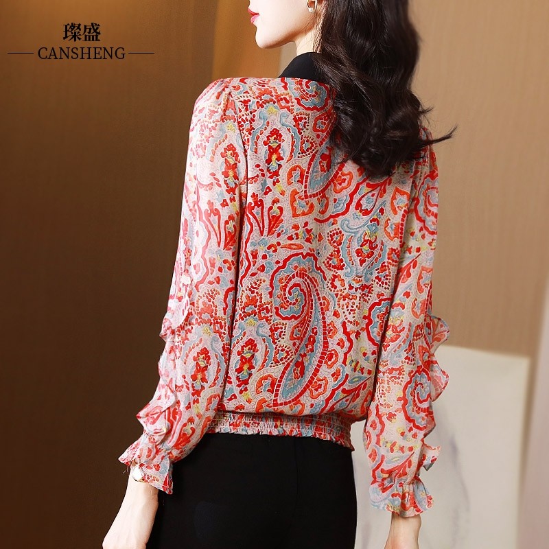 女士扎染百搭洋气雪纺衫遮肚子衬衫 璨盛蕾丝衫/雪纺衫