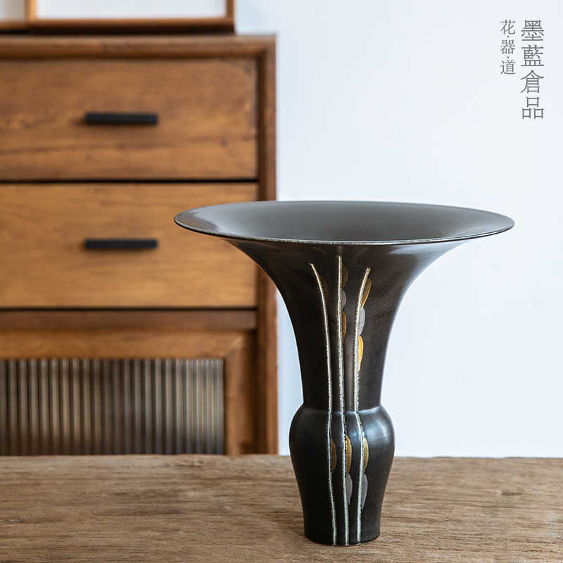 卓越 インテリア 茶 池坊 美品 青 花器 オリジナルガラス 生花 横長 華道 大型 花瓶