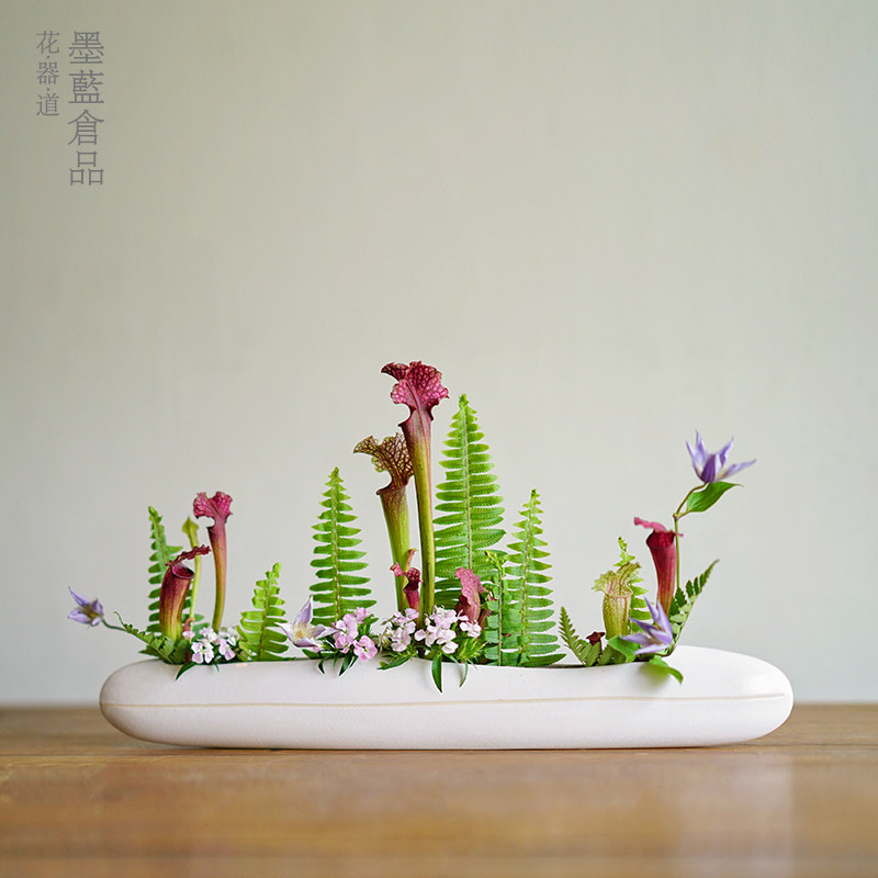 日本进口万古烧船型自由花花器陶瓷小原流简约日式插花池坊花盘