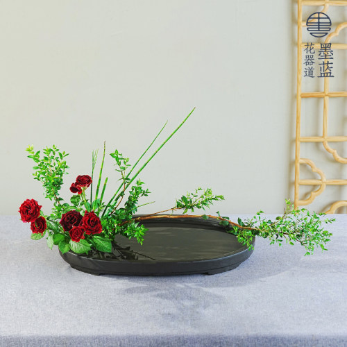 特大椭圆小判花器花盆 小原流写景盛花插花日式花道花艺展出布景 - 图3