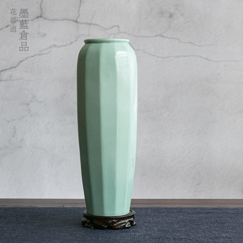 青瓷多瓣投入瓶日式小原流禅意中式插花器皿日式花器墨蓝花器设计