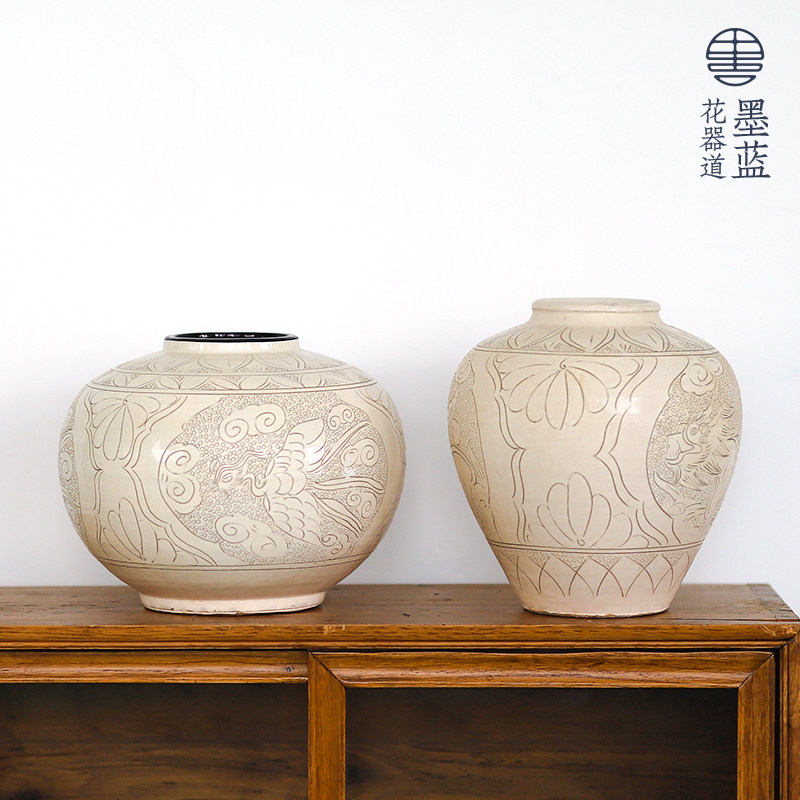 仿古白瓷手工刻花陶罐复古大号花瓶客厅仿宋插花装饰摆件,淘宝优惠券,粉丝福利购,淘宝优惠卷