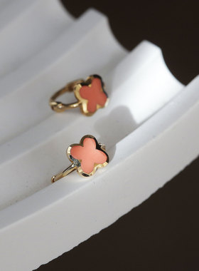 白小C黄金14K/10K金耳环橘粉色彩色红黑白花朵四瓣花耳骨耳扣耳圈