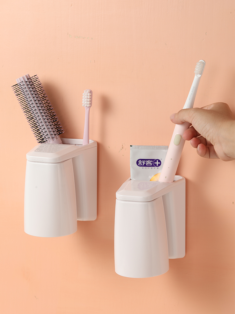日式吸磁牙刷牙膏置物架无痕贴挂壁式漱口杯沥水收纳套装米木4675-图3