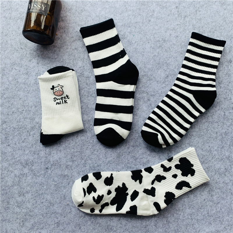 25秋冬新品韩国奶牛条纹潮袜子ins黑白学院风男女情侣纯棉中长筒,淘宝优惠券,粉丝福利购,淘宝优惠卷