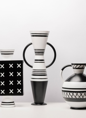 简约现代创意黑白条纹家居饰品摆件软装茶几餐桌面干花瓶花器配搭