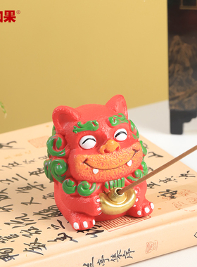 幸运小福狮香插摆件国潮文创手绘风狮爷线香托盘石狮子旅游纪念品