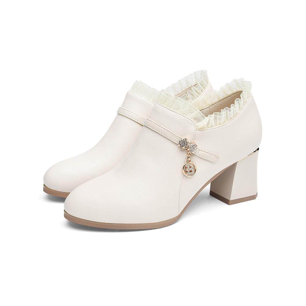 小圆尖头春秋女士皮鞋中跟单鞋2025年新款女鞋真皮深口高跟鞋粗跟,淘宝优惠券,粉丝福利购,淘宝优惠卷