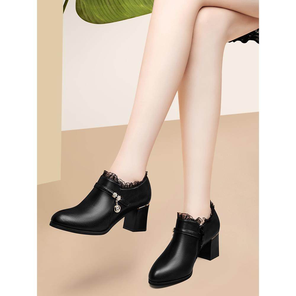 小圆尖头春秋女士皮鞋中跟单鞋2025年新款女鞋真皮深口高跟鞋粗跟,淘宝优惠券,粉丝福利购,淘宝优惠卷