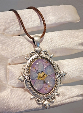 原创设计蓝星花复古油画风长款项链森系文艺植物女神长款毛衣链