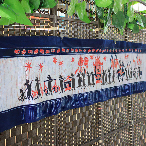 民俗蜡染画老鼠嫁女餐厅客厅背景装饰画布艺挂画特色手工艺品壁画 - 图0
