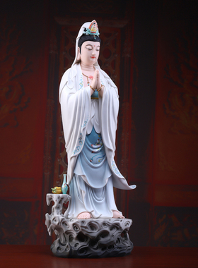 戴玉堂陶瓷《立岩合掌观音 蓝韵彩》家用观世音菩萨佛像摆件供奉