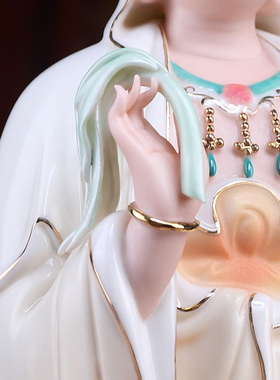 戴玉堂陶瓷《立莲杨枝渡海观音橙衣描金彩》家用佛像供奉摆件饰品