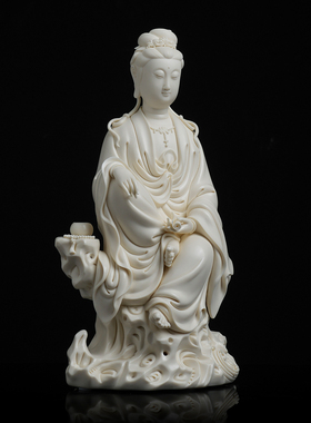 戴玉堂陶瓷周金田《坐岩持经观音仿古瓷》家用佛像观世音菩萨摆件