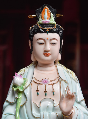 戴玉堂青衣彩大势至菩萨摆件陶瓷佛像客厅供奉西方三圣神像立像