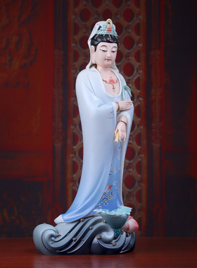 戴玉堂陶瓷《杨柳水莲观音蓝韵彩》家用佛像供奉摆件家里客厅装饰