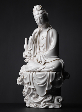戴玉堂陶瓷摆件《祥云思维自在水月观音》林建平德化白瓷佛像菩萨