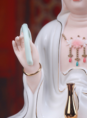 戴玉堂 陶瓷《坐古莲观音菩萨 描金莲花》家用观世音佛像供奉摆件